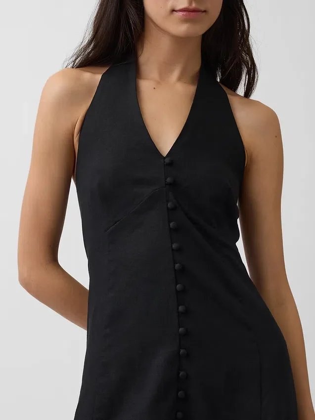 Keten Karışımlı Halter Maxi Elbise