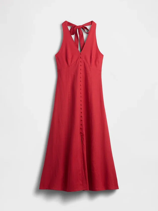 Keten Karışımlı Halter Maxi Elbise