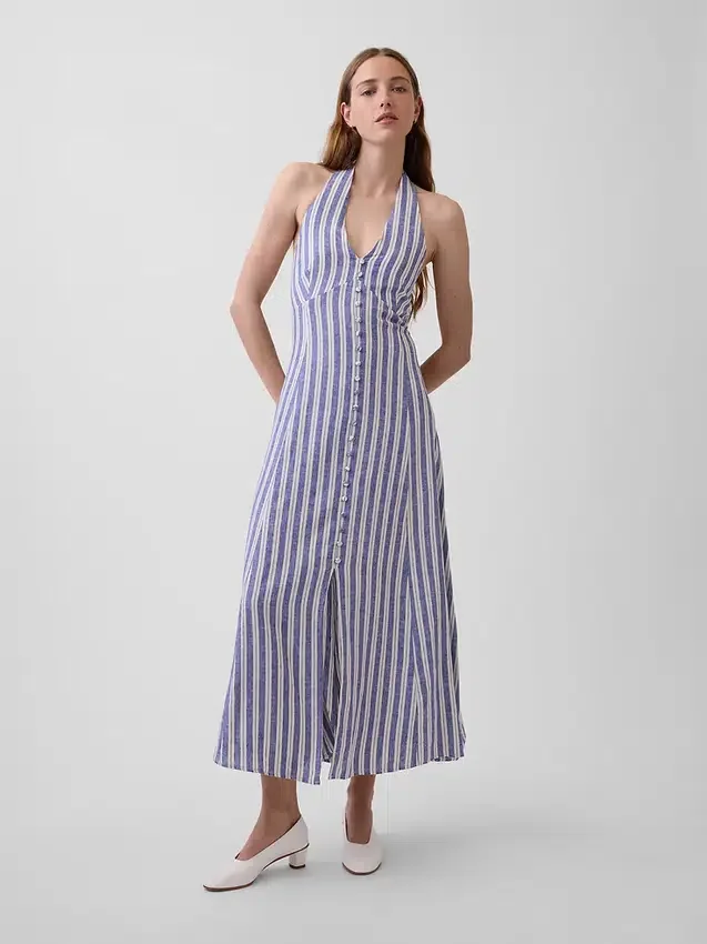 Keten Karışımlı Halter Maxi Elbise