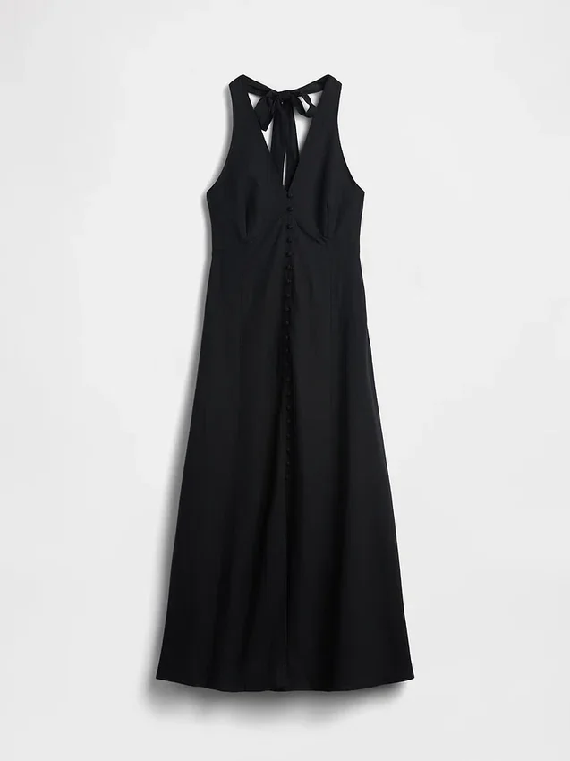 Keten Karışımlı Halter Maxi Elbise