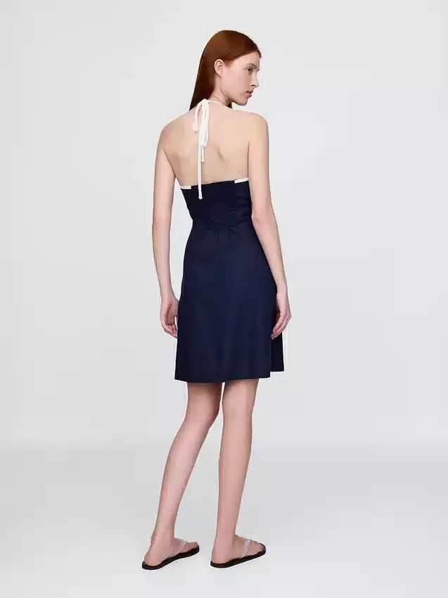 Keten Karışımlı Halter Yaka Mini Elbise
