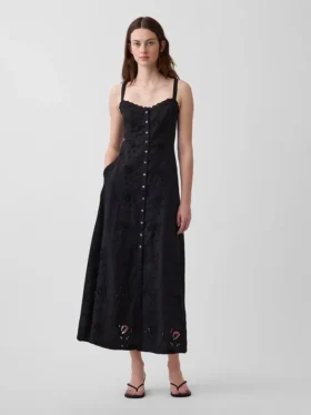 Keten Karışımlı İşlemeli Cami Maxi Elbise