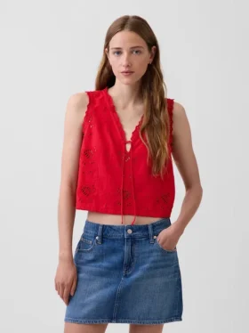 Keten Karışımlı İşlemeli Kısa Tank Top