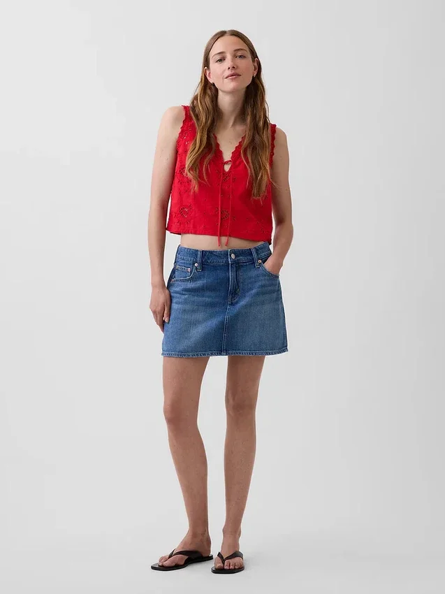 Keten Karışımlı İşlemeli Kısa Tank Top
