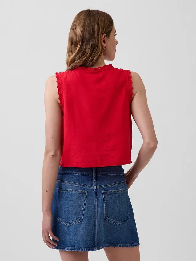 Keten Karışımlı İşlemeli Kısa Tank Top