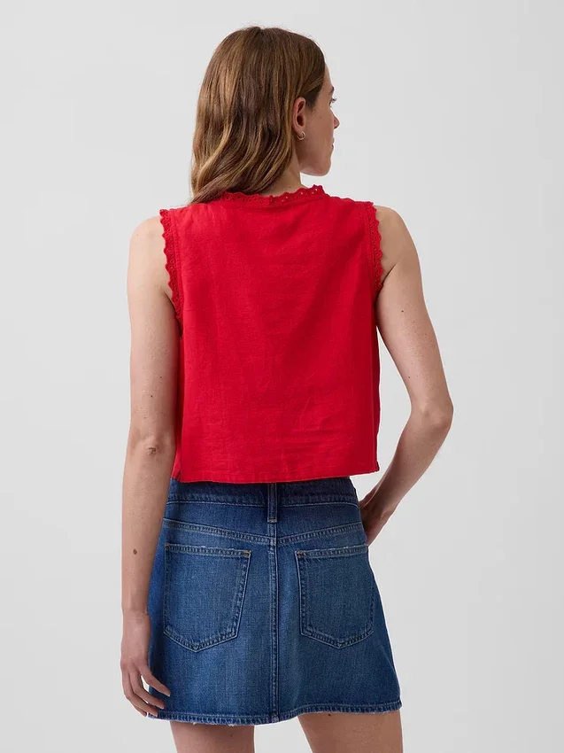 Keten Karışımlı İşlemeli Kısa Tank Top
