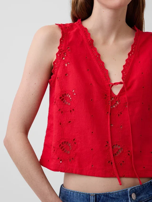Keten Karışımlı İşlemeli Kısa Tank Top