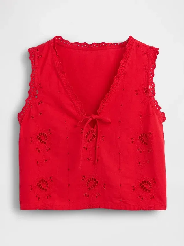 Keten Karışımlı İşlemeli Kısa Tank Top