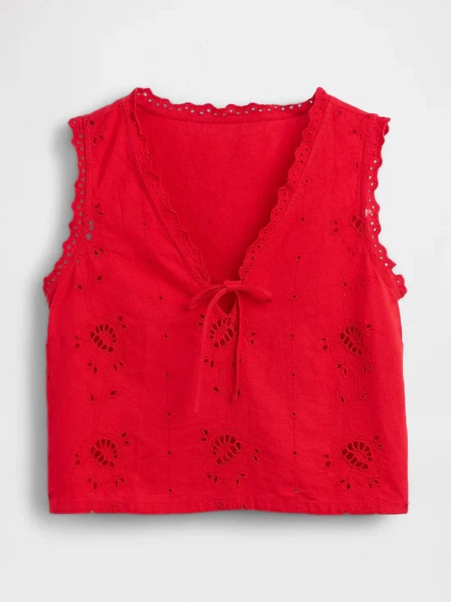 Keten Karışımlı İşlemeli Kısa Tank Top