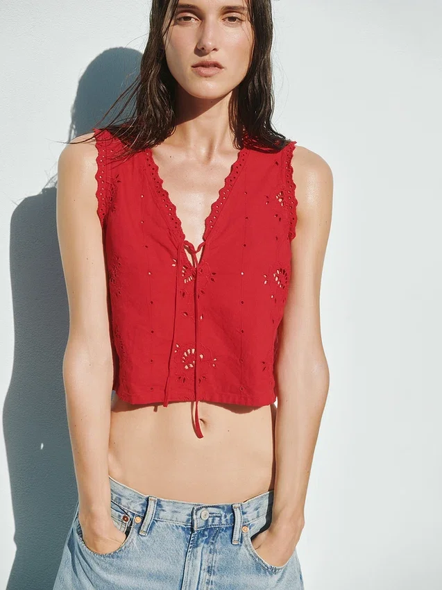 Keten Karışımlı İşlemeli Kısa Tank Top