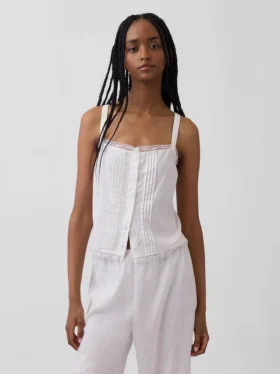 Keten Karışımlı Pintuck Kısa Pijama Tank Top