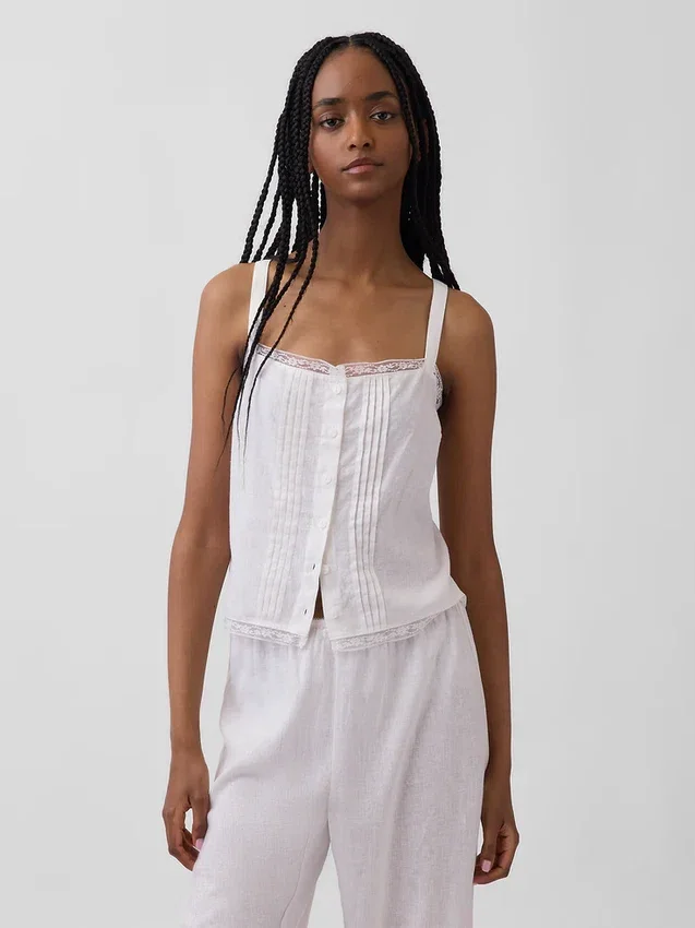 Keten Karışımlı Pintuck Kısa Pijama Tank Top