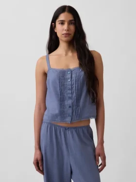Keten Karışımlı Pintuck Kısa Pijama Tank Top
