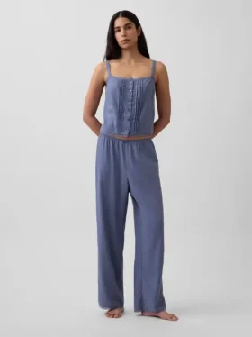 Keten Karışımlı Pintuck Kısa Pijama Tank Top