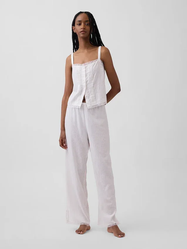 Keten Karışımlı Pintuck Kısa Pijama Tank Top