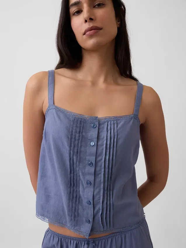 Keten Karışımlı Pintuck Kısa Pijama Tank Top
