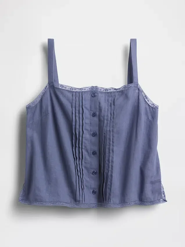 Keten Karışımlı Pintuck Kısa Pijama Tank Top