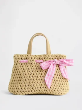 Küçük Çocuklar İçin Gingham Fiyonklu Hasır Çanta