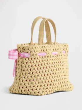 Küçük Çocuklar İçin Gingham Fiyonklu Hasır Çanta