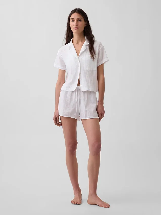 Kırışık Gazlı Oversized Pijama Gömleği