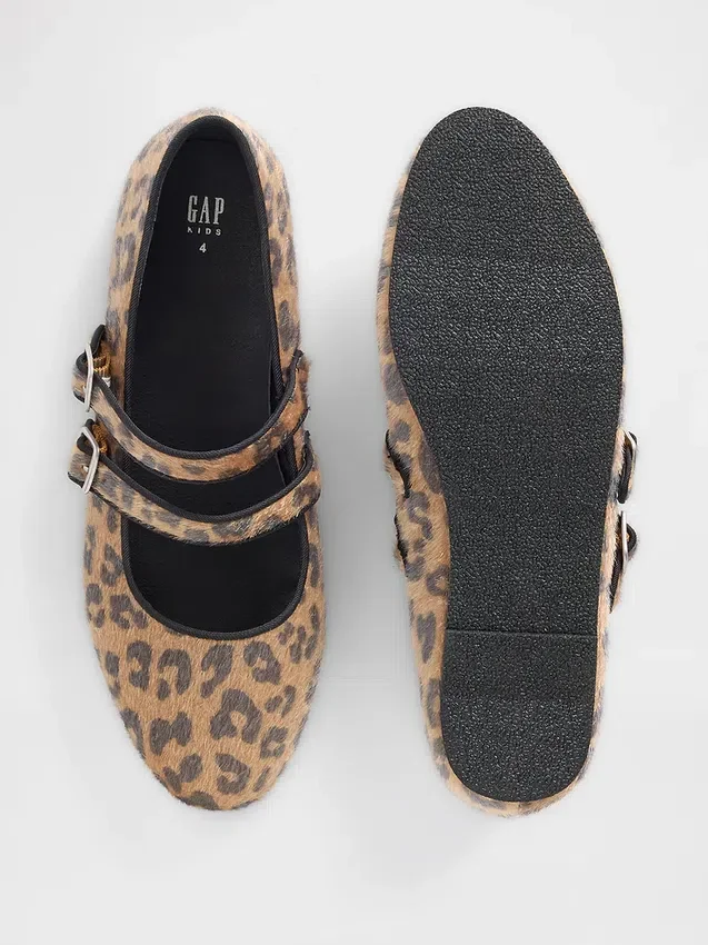 Leopar Desenli Çift Kayışlı Babetler