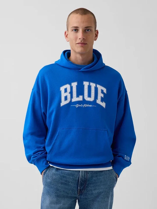 Mavi Ağır Fransız Teri Logolu Kapüşonlu Sweatshirt