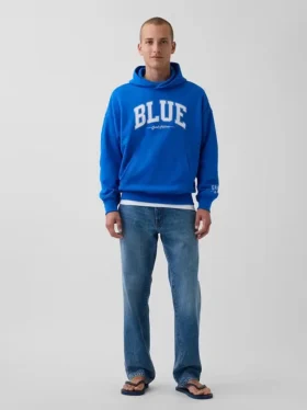 Mavi Ağır Fransız Teri Logolu Kapüşonlu Sweatshirt
