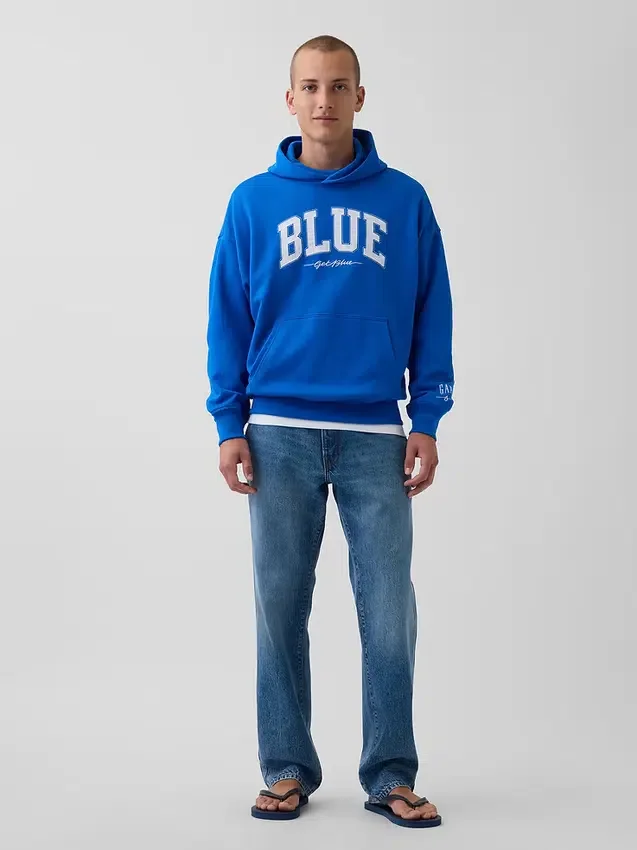 Mavi Ağır Fransız Teri Logolu Kapüşonlu Sweatshirt