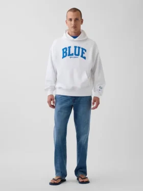 Mavi Ağır Fransız Teri Logolu Kapüşonlu Sweatshirt