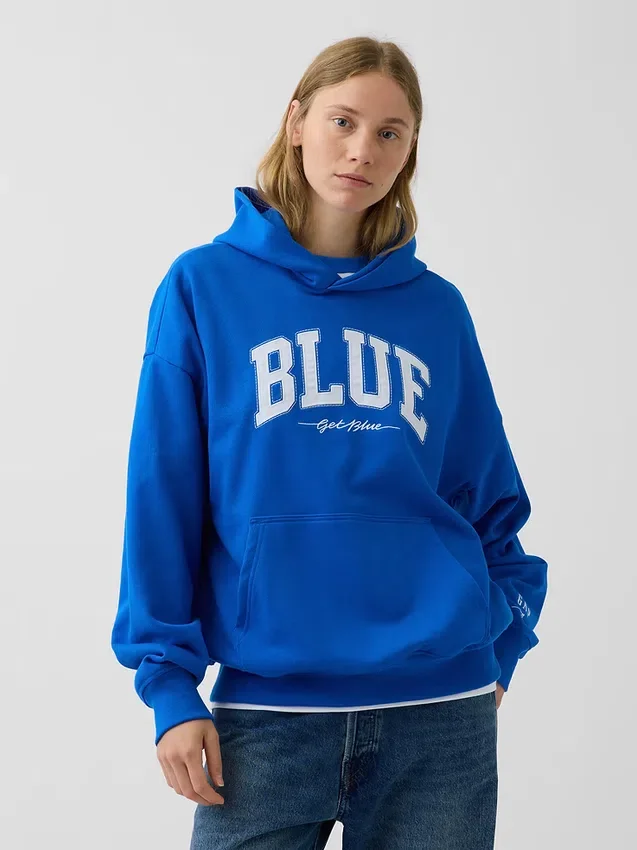 Mavi Ağır Fransız Teri Logolu Kapüşonlu Sweatshirt