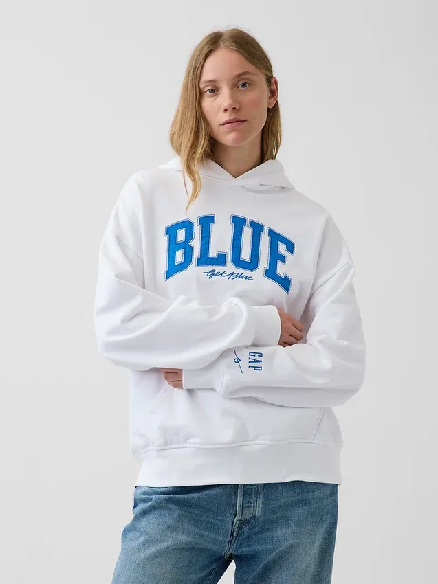 Mavi Ağır Fransız Teri Logolu Kapüşonlu Sweatshirt