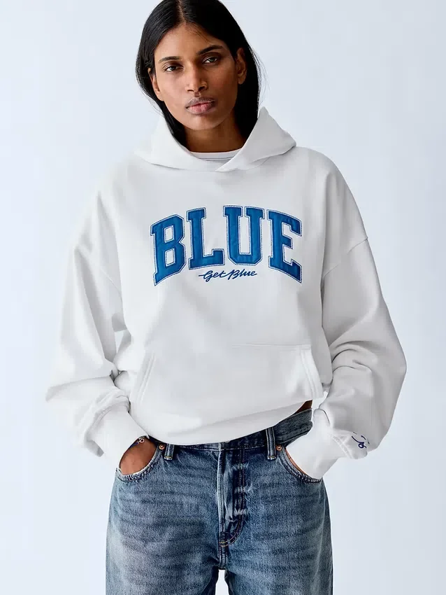 Mavi Ağır Fransız Teri Logolu Kapüşonlu Sweatshirt