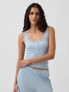Mini Nervürlü Dantel Henley Pijama Tank Top