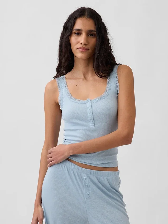 Mini Nervürlü Dantel Henley Pijama Tank Top