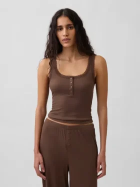 Mini Nervürlü Dantel Henley Pijama Tank Top