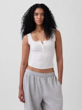 Mini Nervürlü Dantel Henley Pijama Tank Top