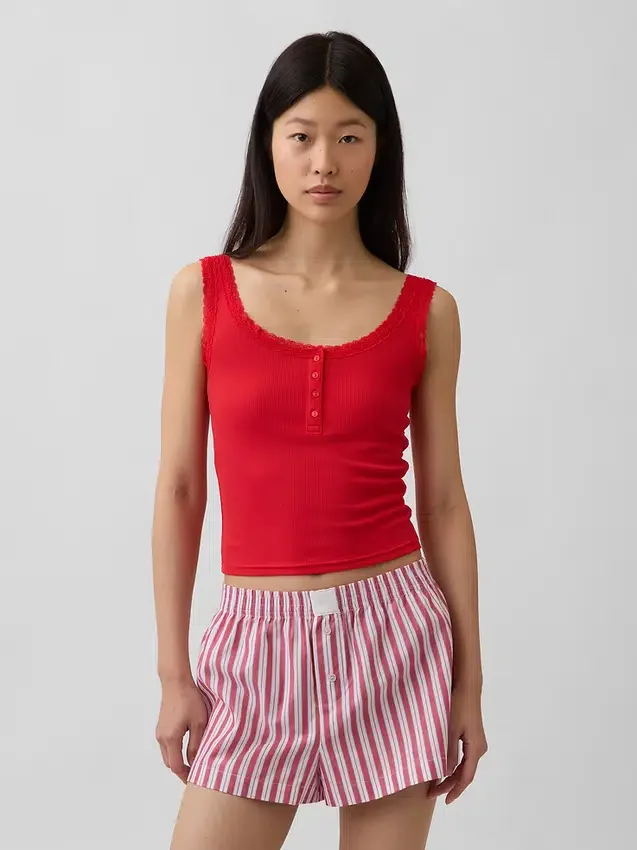 Mini Nervürlü Dantel Henley Pijama Tank Top