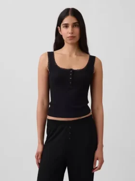 Mini Nervürlü Dantel Henley Pijama Tank Top