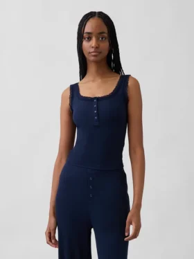 Mini Nervürlü Dantel Henley Pijama Tank Top