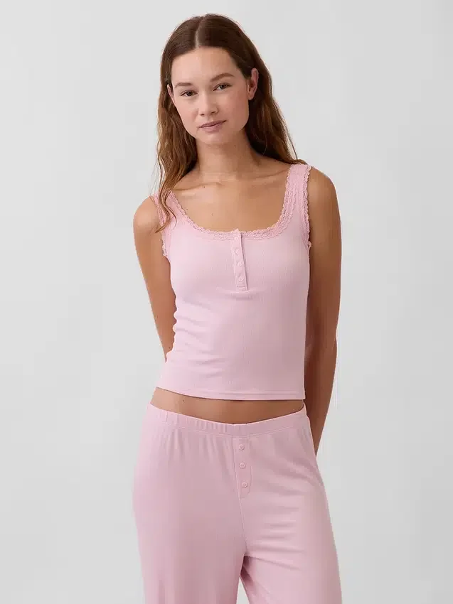 Mini Nervürlü Dantel Henley Pijama Tank Top