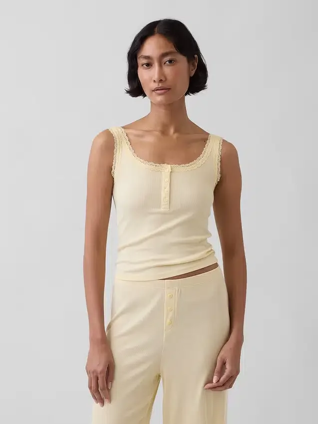 Mini Nervürlü Dantel Henley Pijama Tank Top