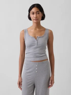 Mini Nervürlü Dantel Henley Pijama Tank Top