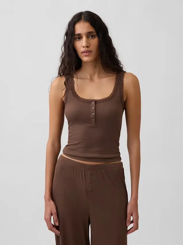 Mini Nervürlü Dantel Henley Pijama Tank Top