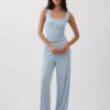 Mini Nervürlü Dantel Henley Pijama Tank Top
