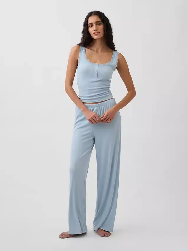 Mini Nervürlü Dantel Henley Pijama Tank Top