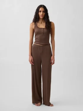 Mini Nervürlü Dantel Henley Pijama Tank Top