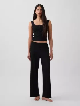 Mini Nervürlü Dantel Henley Pijama Tank Top