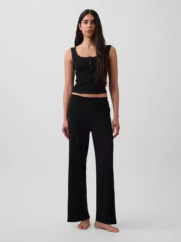 Mini Nervürlü Dantel Henley Pijama Tank Top