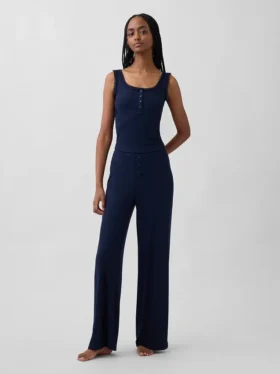 Mini Nervürlü Dantel Henley Pijama Tank Top