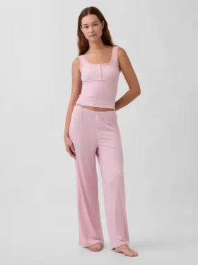 Mini Nervürlü Dantel Henley Pijama Tank Top